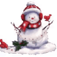a snowman wearing a hat and scarf is sitting in the snow with a bird .