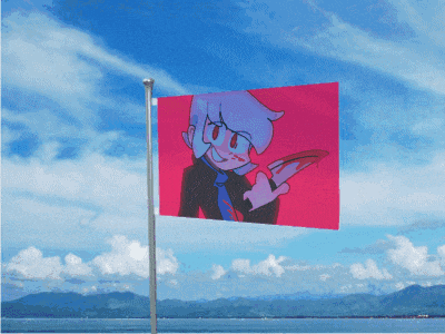 a flag with a picture of a girl holding a pizza