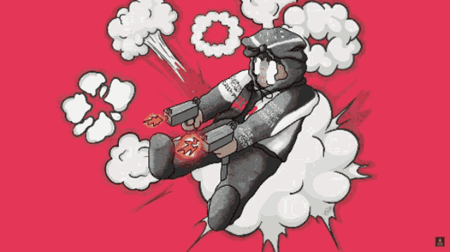 a cartoon drawing of a man holding a gun with smoke coming out of it