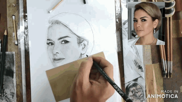 a person is drawing a woman 's face with a marker that says made in animotica