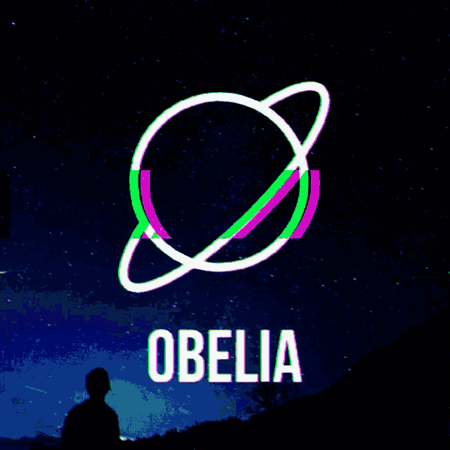 a silhouette of a person stands in front of a starry night sky with the word obelia above them