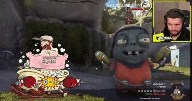 a man is playing a video game with a cartoon character in a bathtub sponsored by kryz199