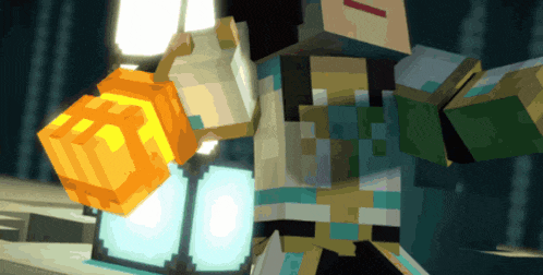 a minecraft character is holding a lantern and a cube with the letter t on it