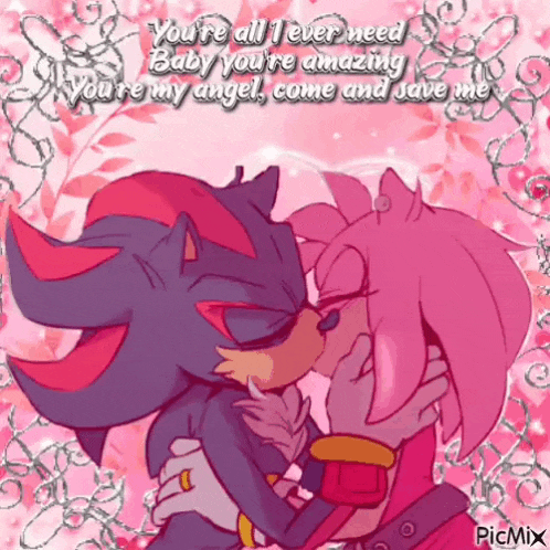 shadow the hedgehog and amy rose kissing with a quote that says you 're all i ever need