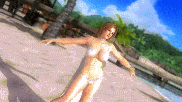 a woman in a white bikini is dancing on a beach