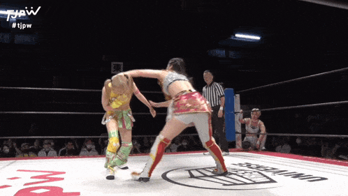 two women are wrestling in a ring that says tjpw on the side