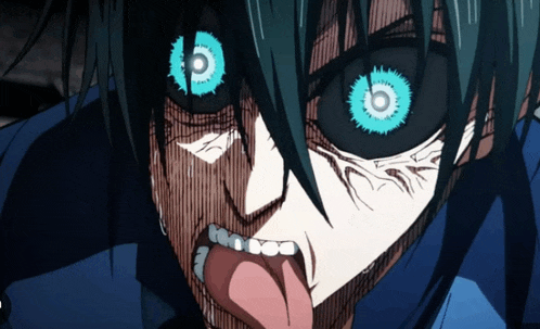 a close up of a person 's face with blue eyes sticking out their tongue