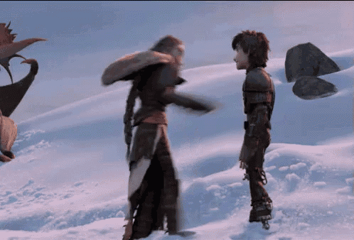 a couple of cartoon characters standing in the snow with a dragon in the background