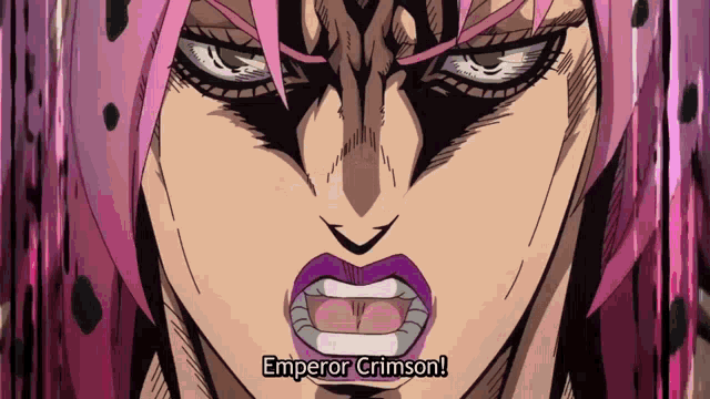 a close up of a person 's face with the words emperor crimson written below it