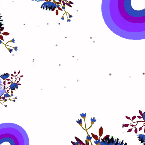 a purple square with arabic writing surrounded by blue circles and flowers