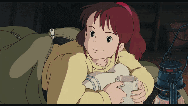 a cartoon girl with red hair is holding a cup of water