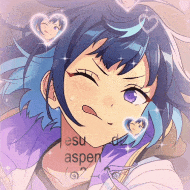 a girl with blue hair is surrounded by hearts and says " esu aspen " on the bottom