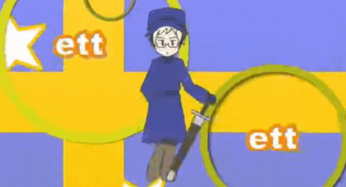 a cartoon character is standing in front of a yellow and blue background with the word tre in orange letters