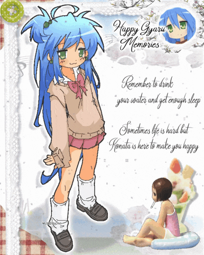 a drawing of a girl with the words happy gyaru memories on the bottom