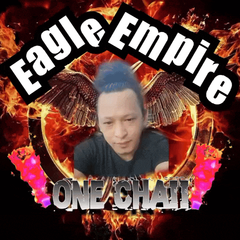 a picture of a man with the words eagle empire one chat behind him