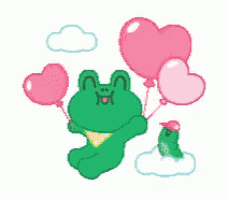 a green frog is holding pink heart shaped balloons in the air .