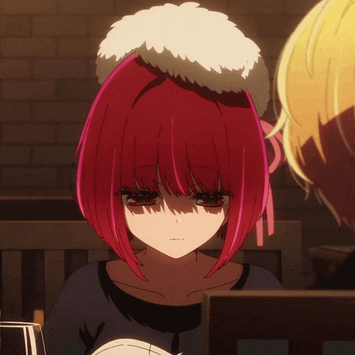 a girl with red hair and a white hat on her head