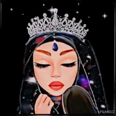 a cartoon of a woman wearing a veil and a tiara looking at herself in a mirror .
