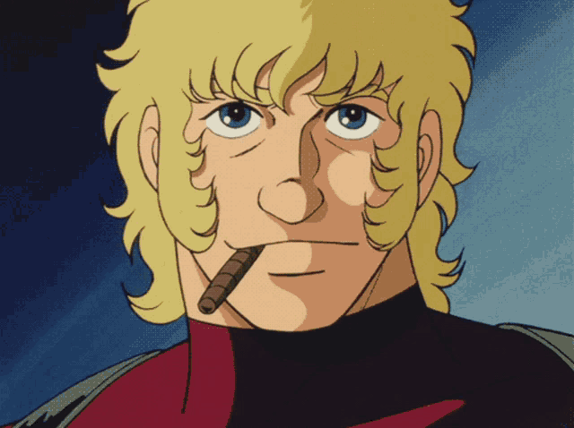 a cartoon character with blonde hair and blue eyes smoking a cigar