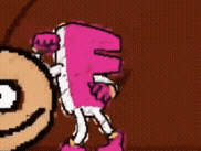 a cartoon character with a pink letter f on their back