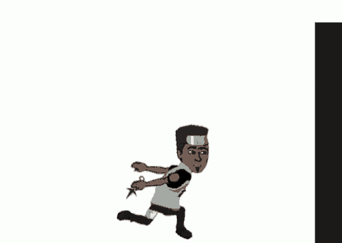 a cartoon character is running with a sword in his hand and wearing a headband .