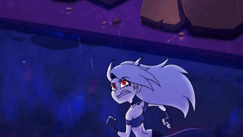 a cartoon character with red eyes is standing in a dark room