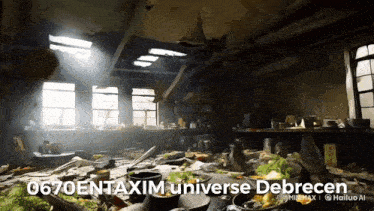 a messy kitchen with the words 0670entaxim universe debrecen below it