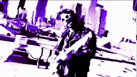 a purple and white drawing of a man with a gas mask on
