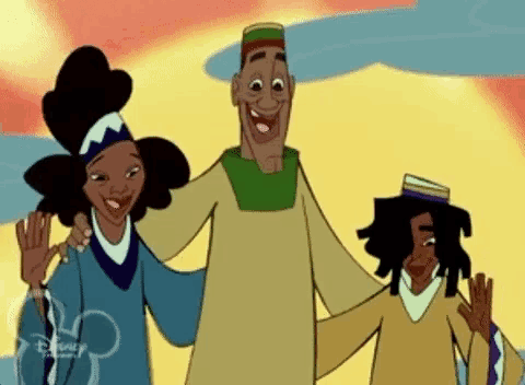 a cartoon of a family standing next to each other and waving .