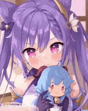 a girl with purple hair is holding a blue doll