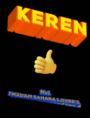 a cartoon hand giving a thumbs up with the word keren above it
