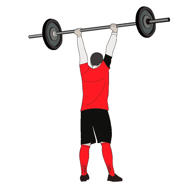 a man in a red shirt is lifting a barbell with a weight plate that says kg