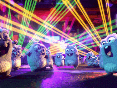a group of cartoon animals are dancing in front of a colorful background