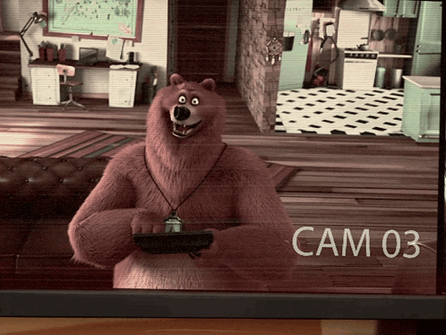 a cartoon bear is holding a controller in front of a camera that says cam 03