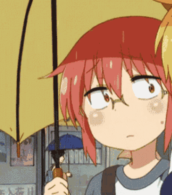 a girl with red hair and glasses holding an umbrella