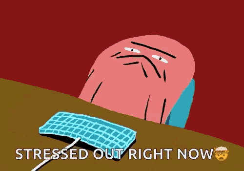 a cartoon character is typing on a keyboard with the words " stressed out right now " below it