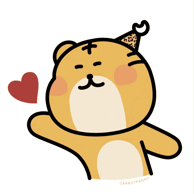 a cartoon of a teddy bear wearing a party hat and holding a heart with carrotpanko written on the bottom