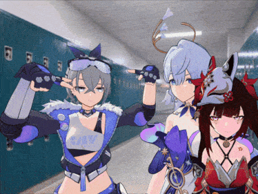three anime girls are standing in a hallway with lockers and one of them is wearing a shirt that says ' sky '