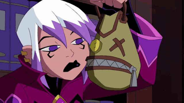 a cartoon character is holding a bag with a cross on the front