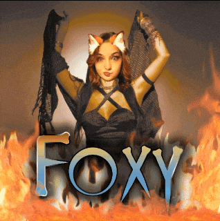 a woman in a fox costume is surrounded by fire and the word foxy