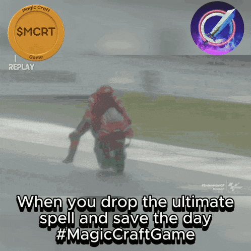 a picture of a man riding a motorcycle with the words " when you drop the ultimate spell and save the day "