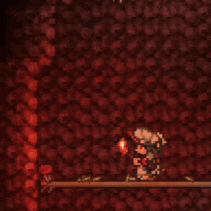 a video game character is standing in front of a wall of red skulls
