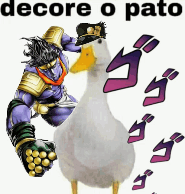 a picture of star platinum and a duck with the words " decora o pato "
