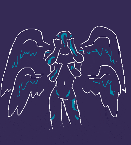 a drawing of a woman with angel wings on a dark blue background