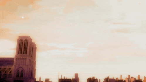 a cartoon character is standing in front of a very tall building