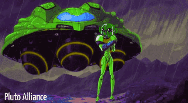 a pixel art illustration of a green spaceman standing in front of a green space ship with the words pluto alliance below it