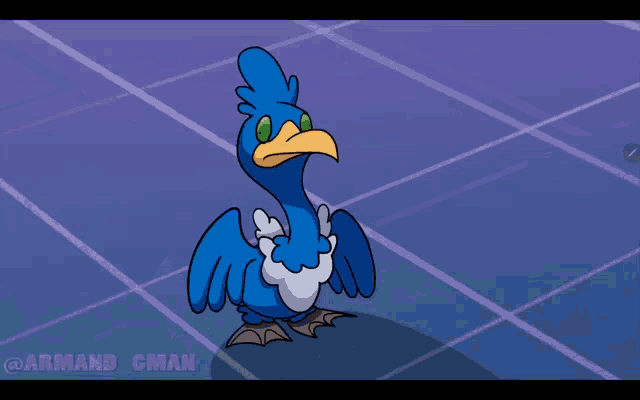 a cartoon drawing of a blue bird with a large beak and the name armand gman below it