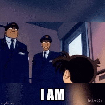 a cartoon character is standing in front of two police officers with the words `` i am '' written on the bottom .