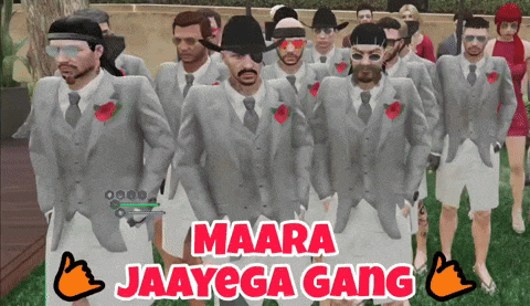 a group of men in suits and ties are standing in a line with the words maara jaayega gang