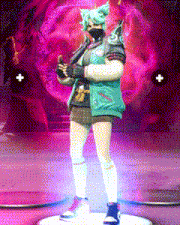 a statue of a girl with a mask on her face is standing in front of a purple background